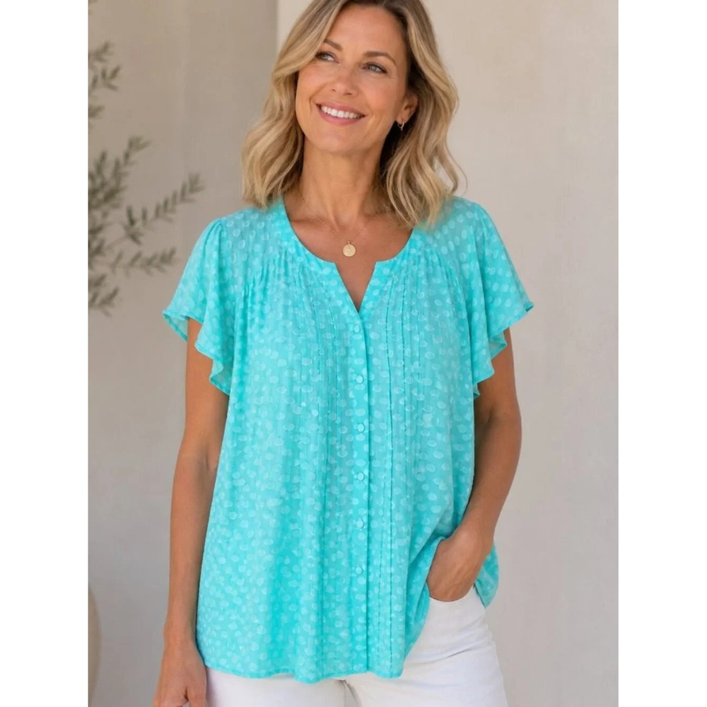 Soft Surroundings Women's Aqua Blue Polka Dot Silk Blend Blouse L Flutter Sleeve